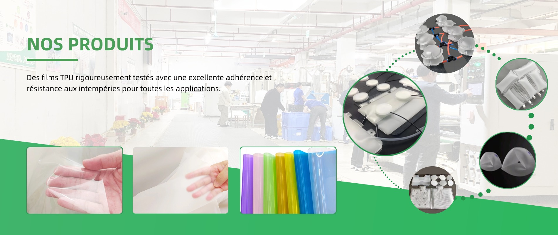 Film TPU rigoureusement testé par l'usine GREEN TPU, reconnu pour sa capacité d'adhérence supérieure et sa résistance aux intempéries dans diverses applications