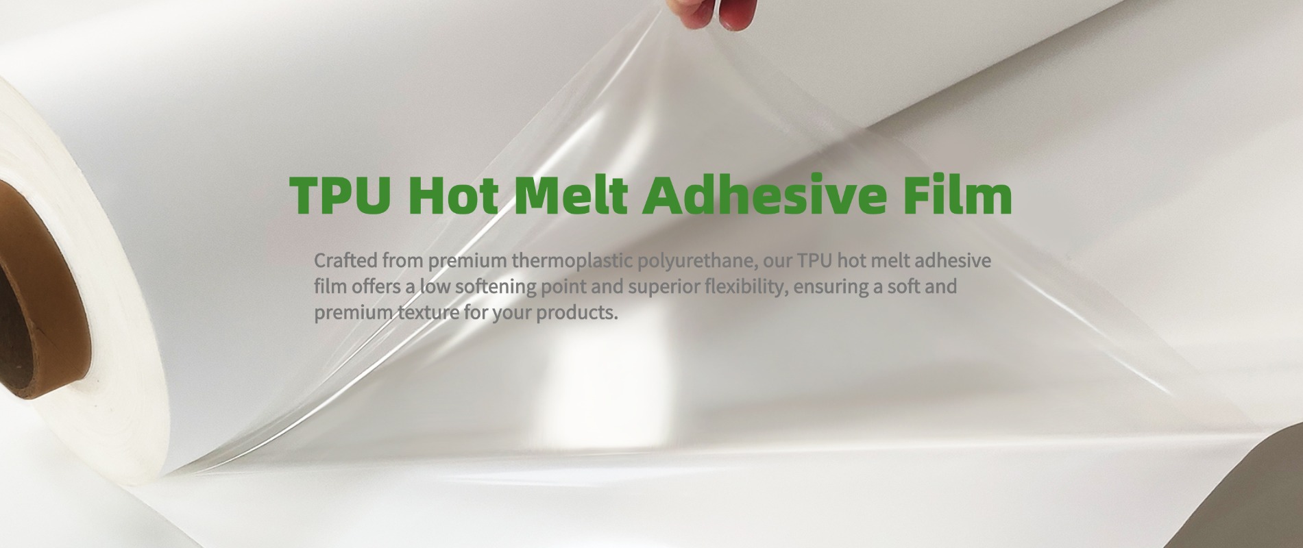 TPU hot melt adhesive film from GreenTPU factory, featuring thermoplastic polyurethane elastomer coating with low softening point and excellent flexibility